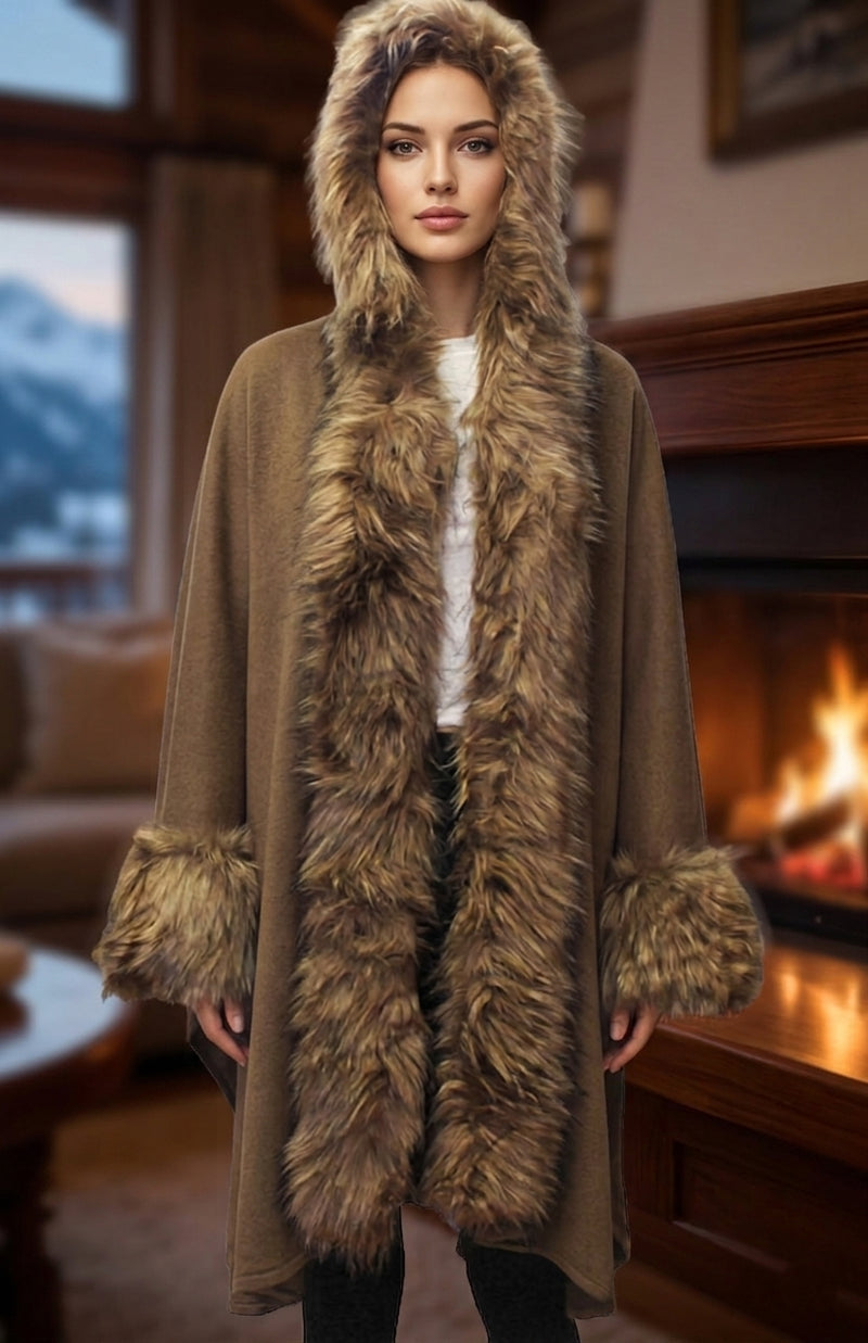 Luxe Fur-Trim Hooded Cape-SHW1713