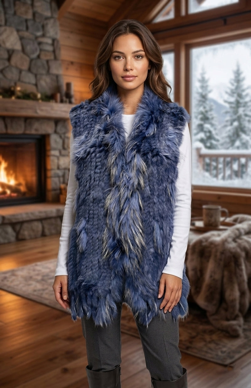 Layered Rabbit Fur Vest with Fox Trim - SHW1808