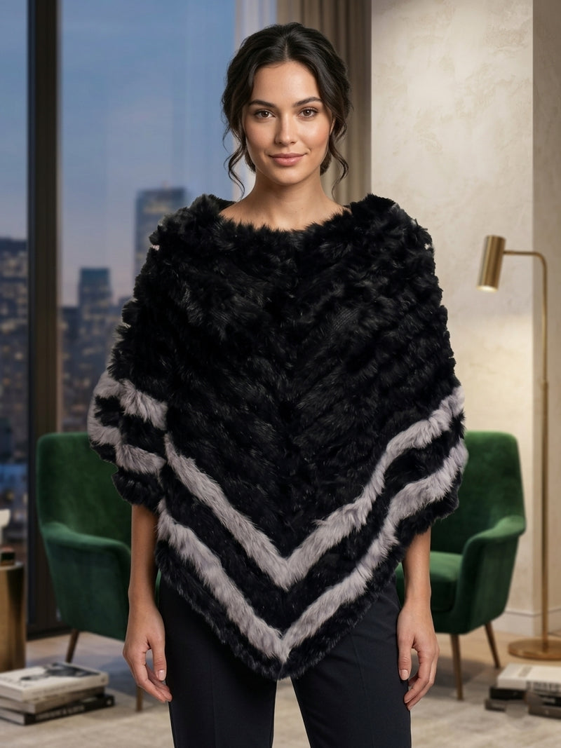 Chevron Pattern Rabbit Fur Poncho-SHW1816