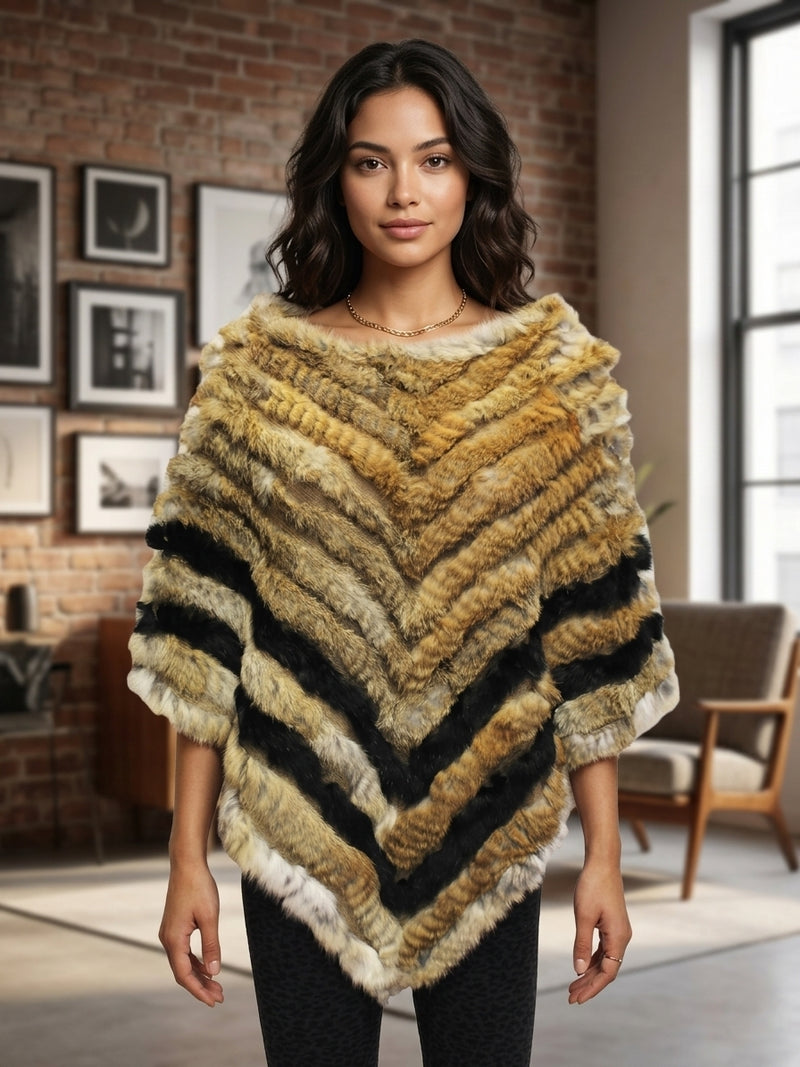 Chevron Pattern Rabbit Fur Poncho-SHW1816