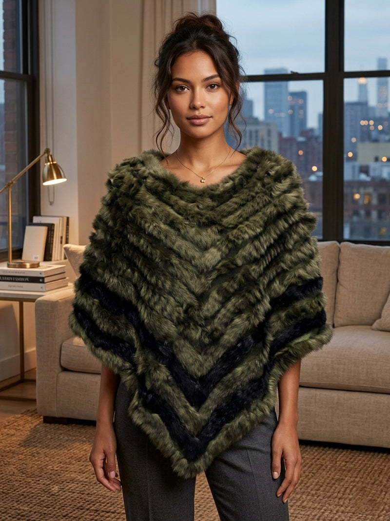 Chevron Pattern Rabbit Fur Poncho-SHW1816