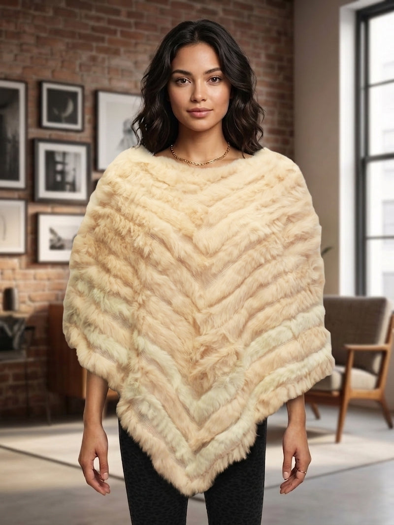 Chevron Pattern Rabbit Fur Poncho-SHW1816