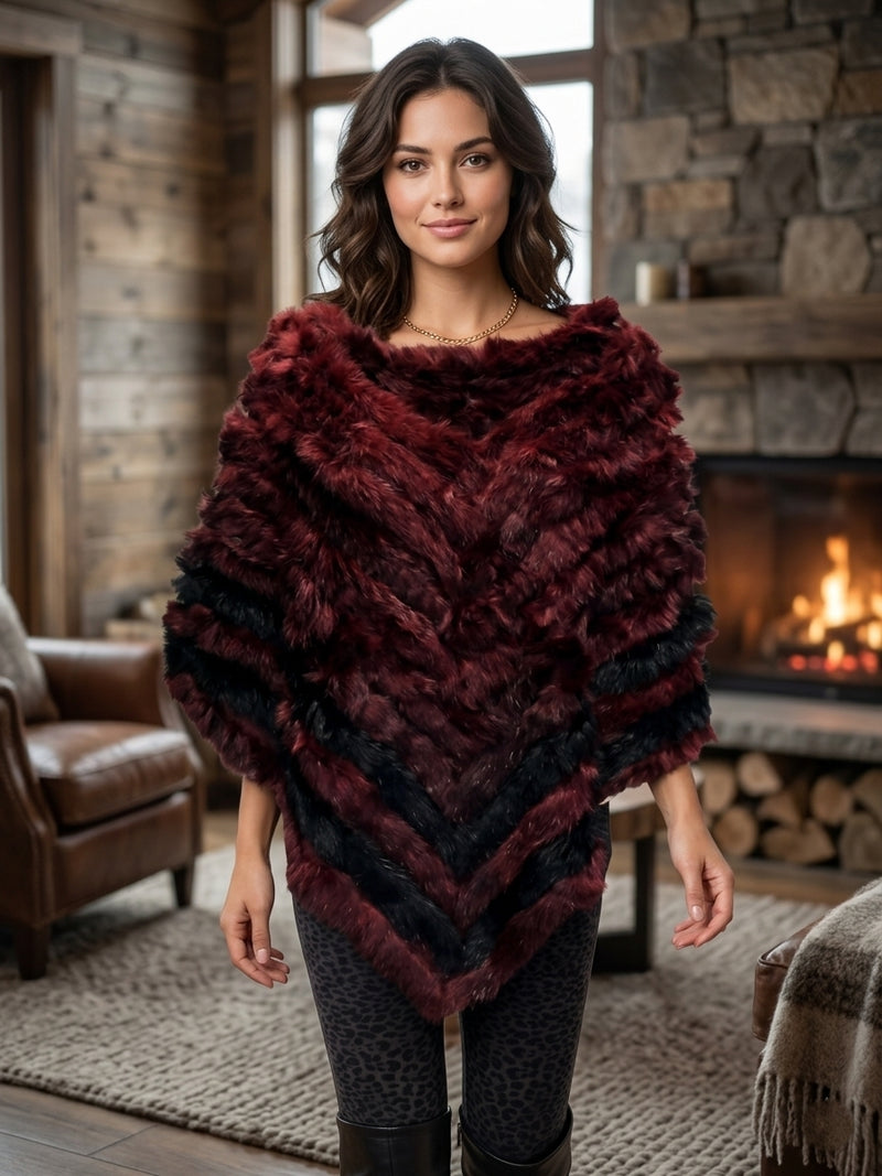 Chevron Pattern Rabbit Fur Poncho-SHW1816