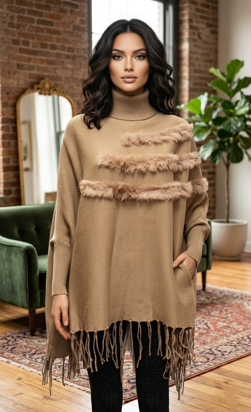 Fringe Poncho with Real Fur Detail - SHW1817