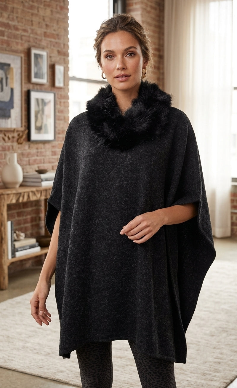 Faux Fur Collar Poncho-SHW1820
