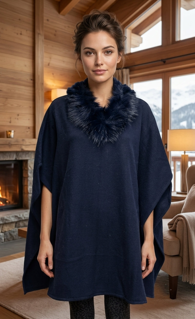 Faux Fur Collar Poncho-SHW1820