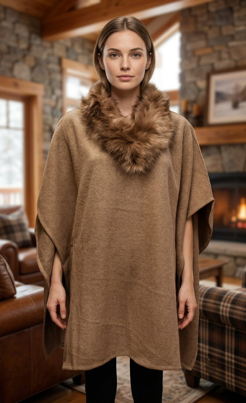 Faux Fur Collar Poncho-SHW1820