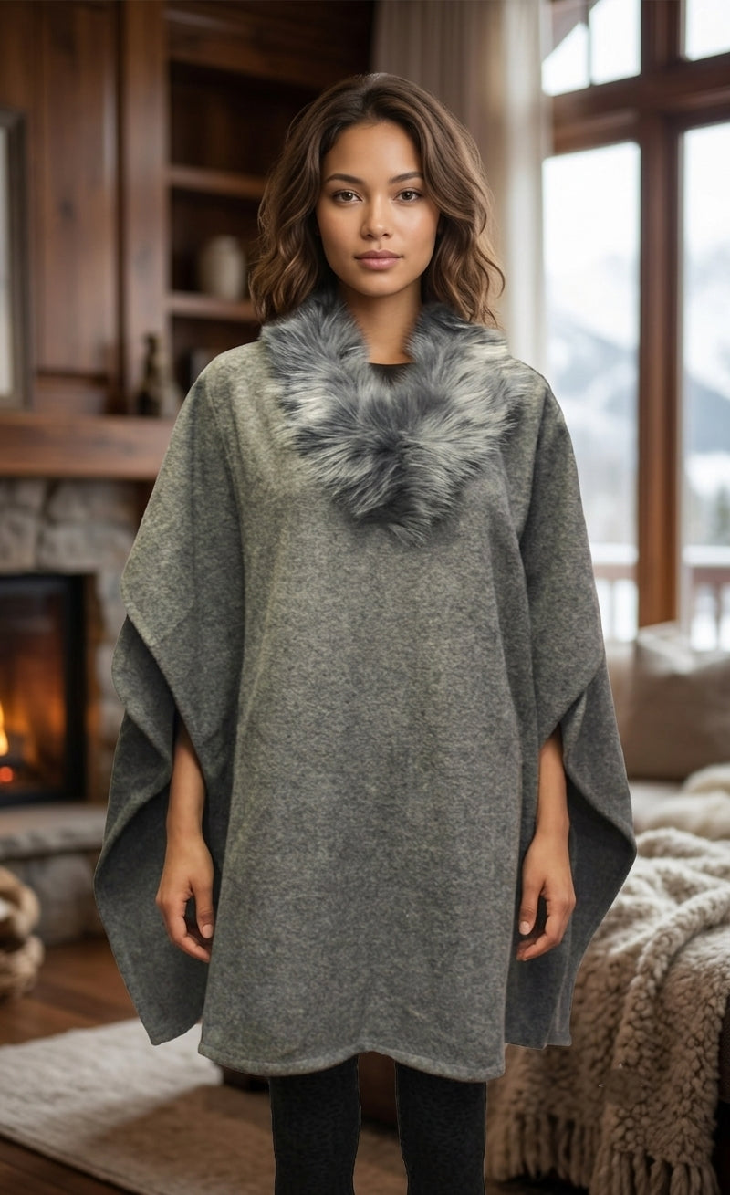 Faux Fur Collar Poncho-SHW1820