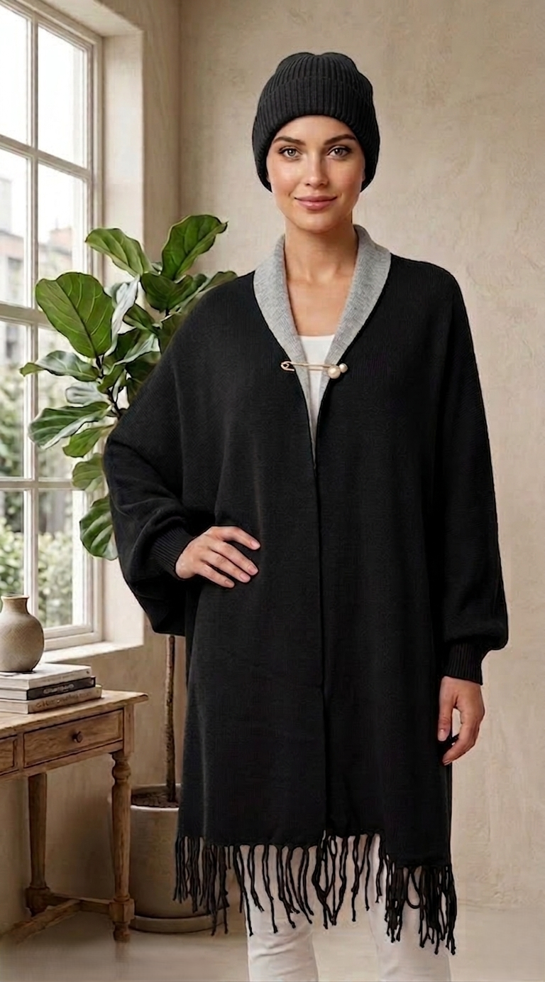 Fringe Trim Shawl Coat-SHW1822