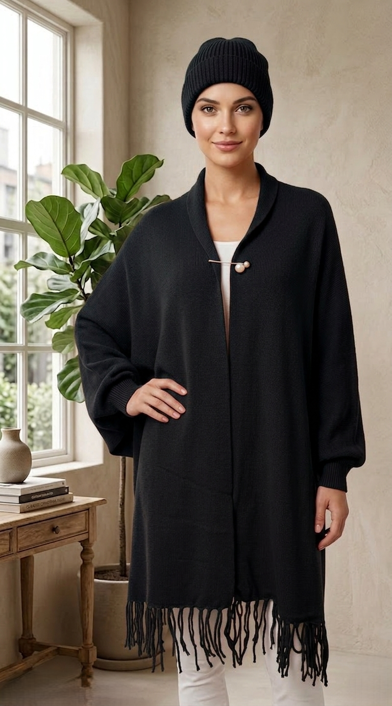 Fringe Trim Shawl Coat-SHW1822