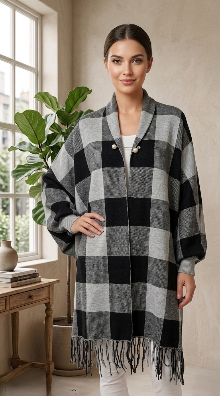 Elegant Plaid Fringe Shawl Wrap-SHW1930
