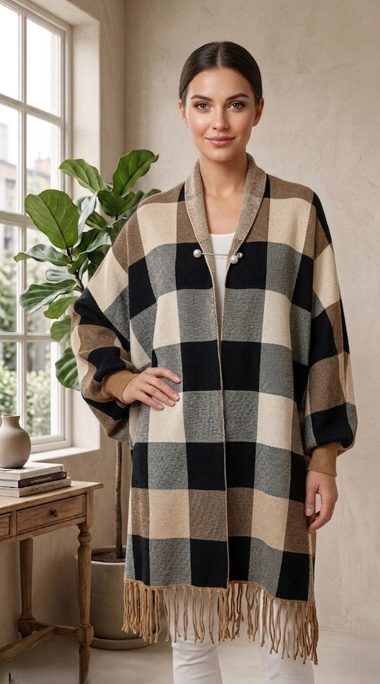 Elegant Plaid Fringe Shawl Wrap-SHW1930
