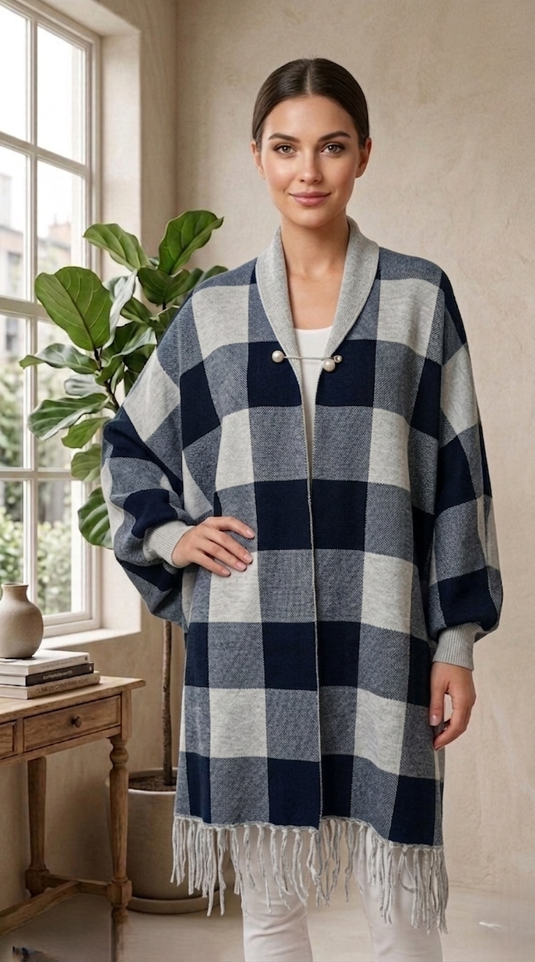 Elegant Plaid Fringe Shawl Wrap-SHW1930