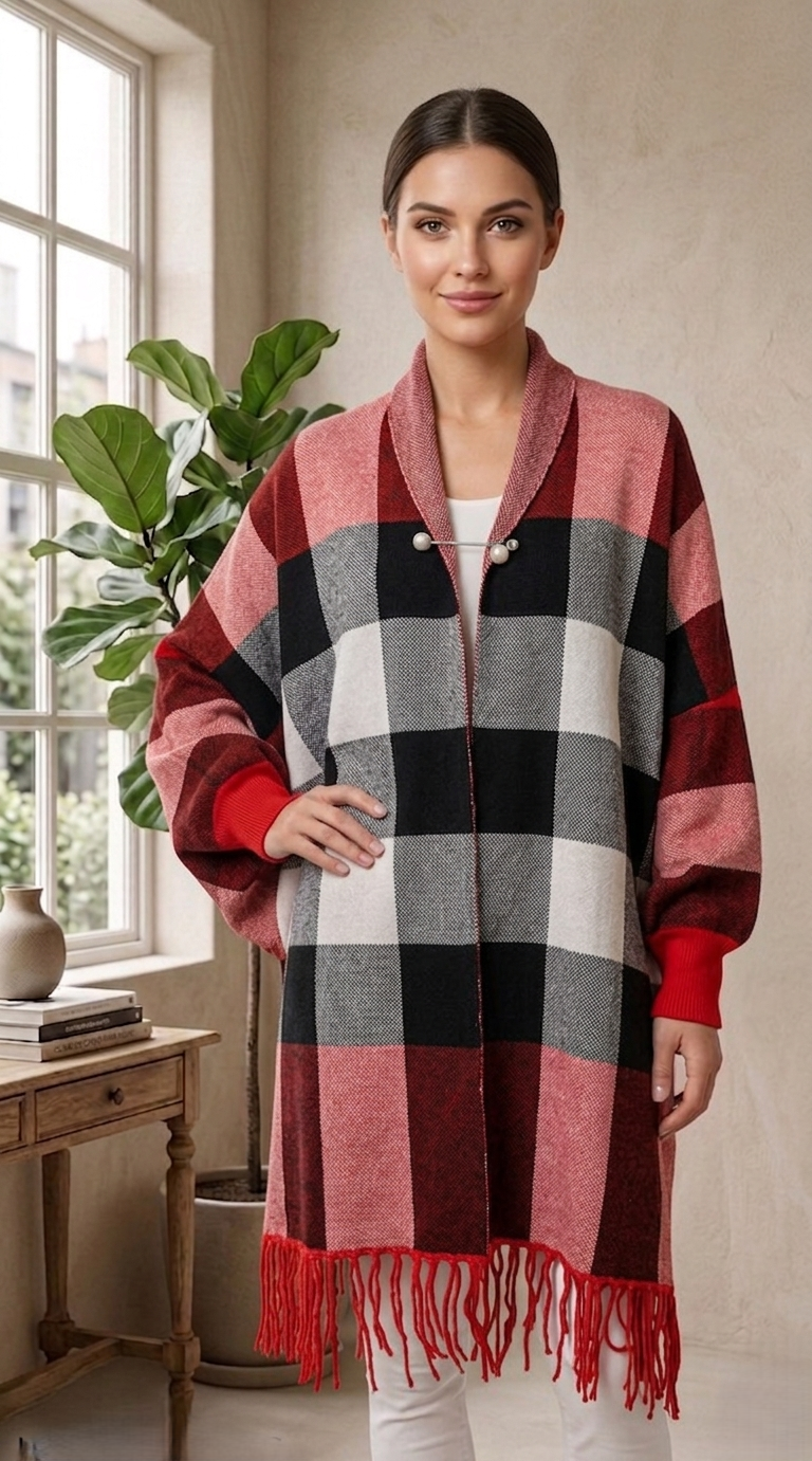 Elegant Plaid Fringe Shawl Wrap-SHW1930