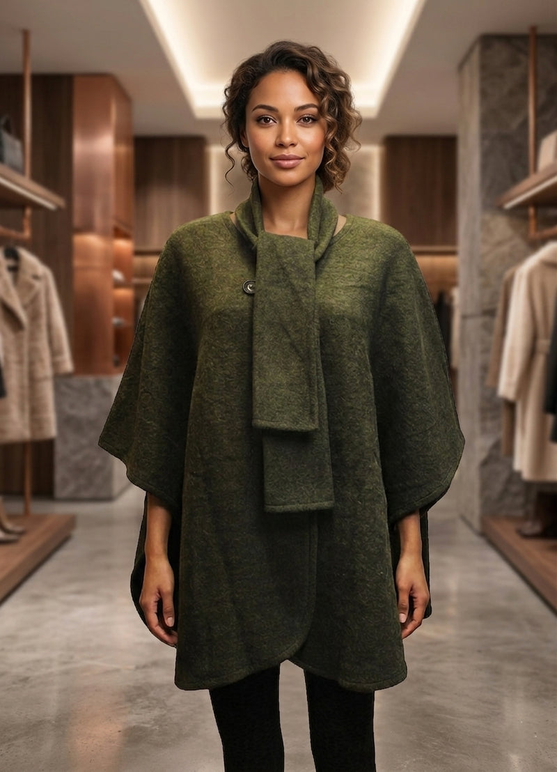 Elegant Buttoned Cape With Scarf-SHW1936