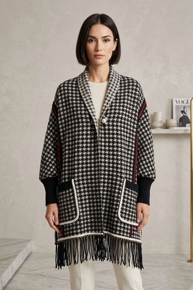Houndstooth Fringe Knit Shawl-SHW2101