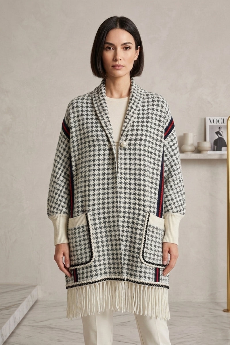 Houndstooth Fringe Knit Shawl-SHW2101