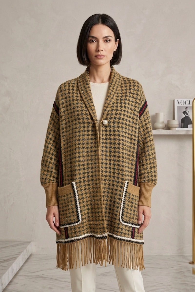Houndstooth Fringe Knit Shawl-SHW2101