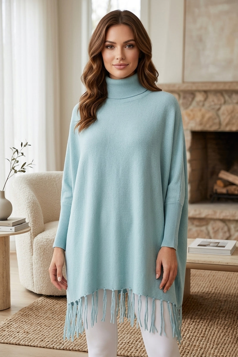 Turtleneck Fringe Knit Poncho-SHW2103