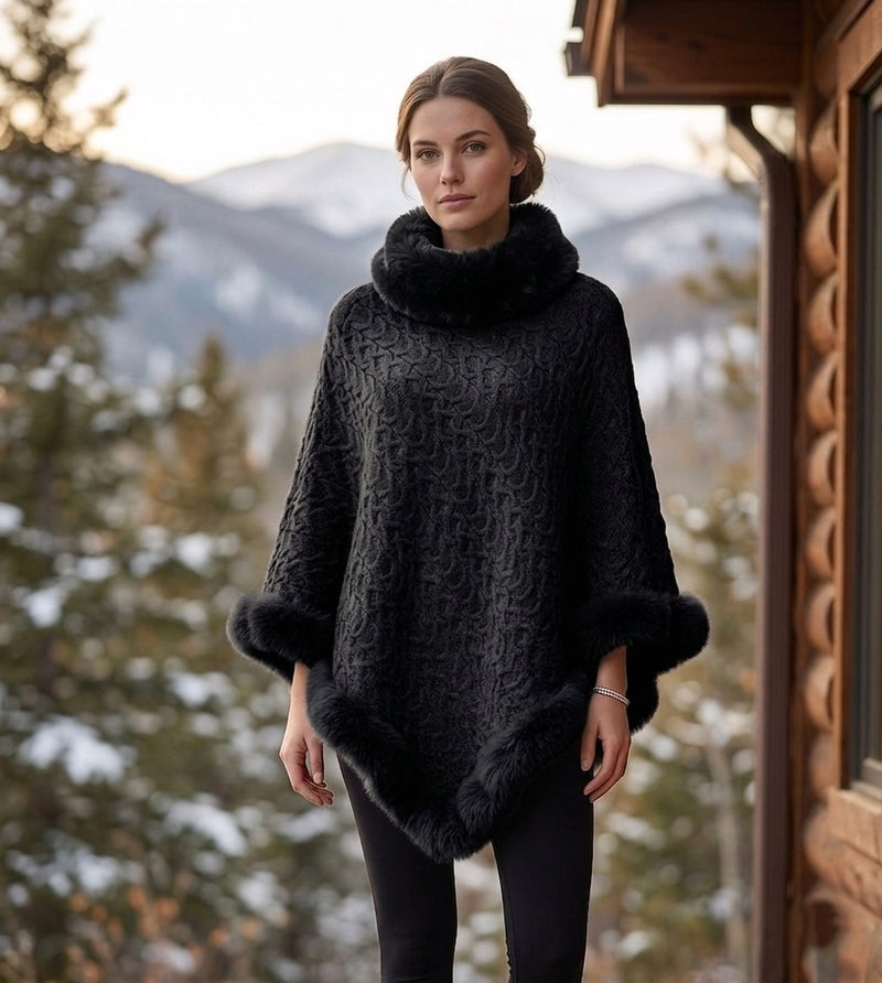 Textured Faux Fur Trim Cape-SHW2107