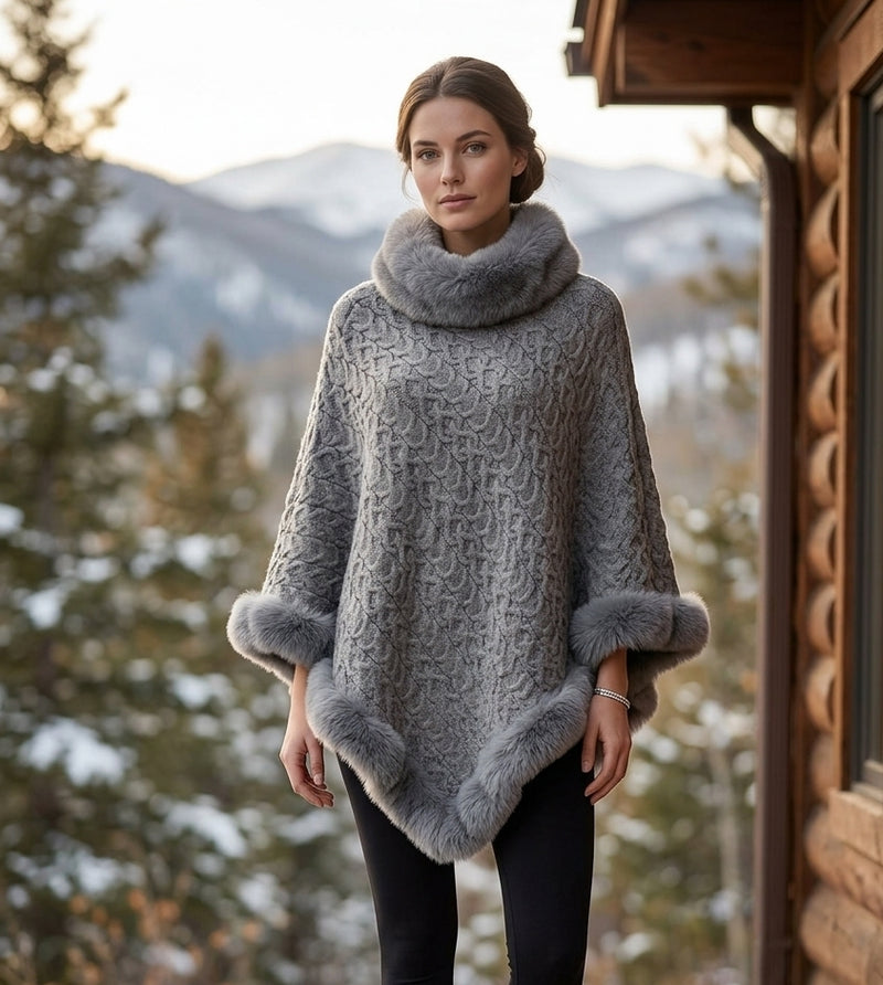 Textured Faux Fur Trim Cape-SHW2107