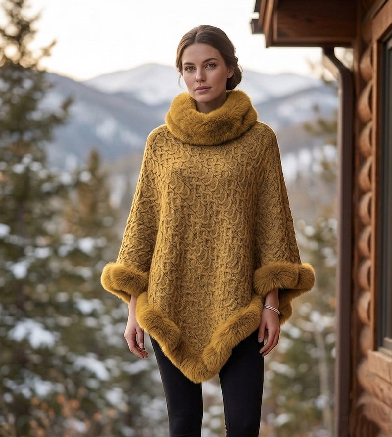 Textured Faux Fur Trim Cape-SHW2107
