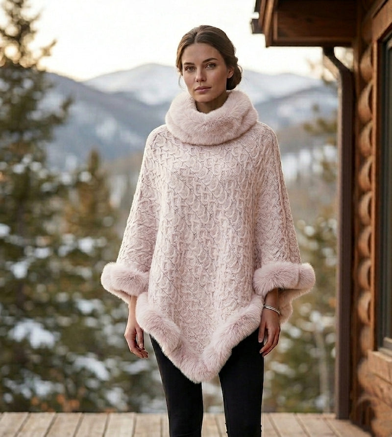 Textured Faux Fur Trim Cape-SHW2107