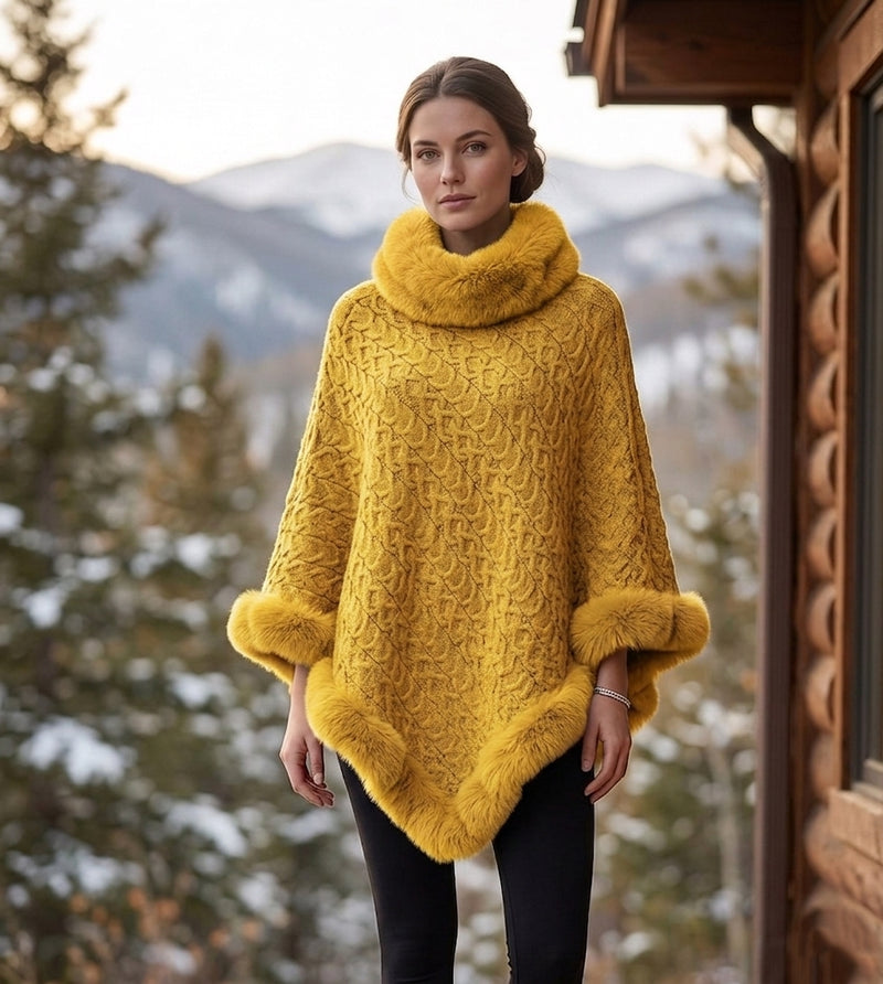 Textured Faux Fur Trim Cape-SHW2107