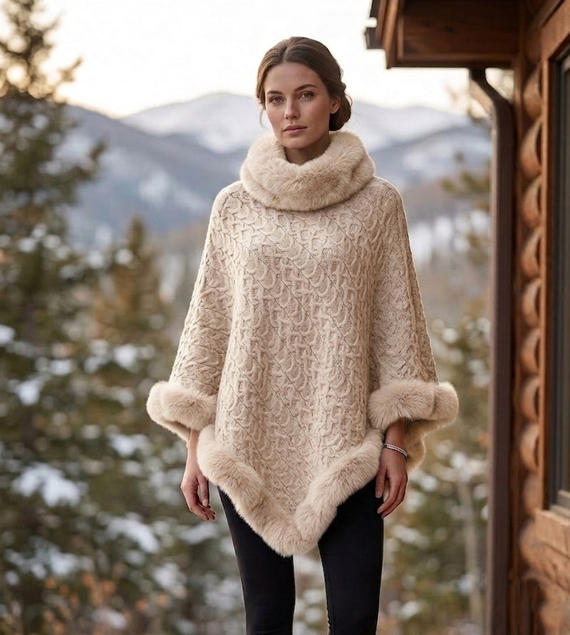 Textured Faux Fur Trim Cape-SHW2107