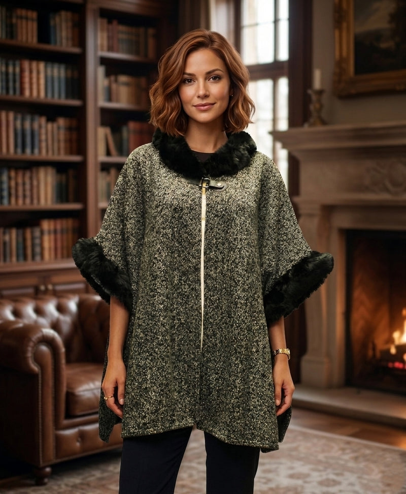Chic Faux Fur Trim Poncho-SHW2206