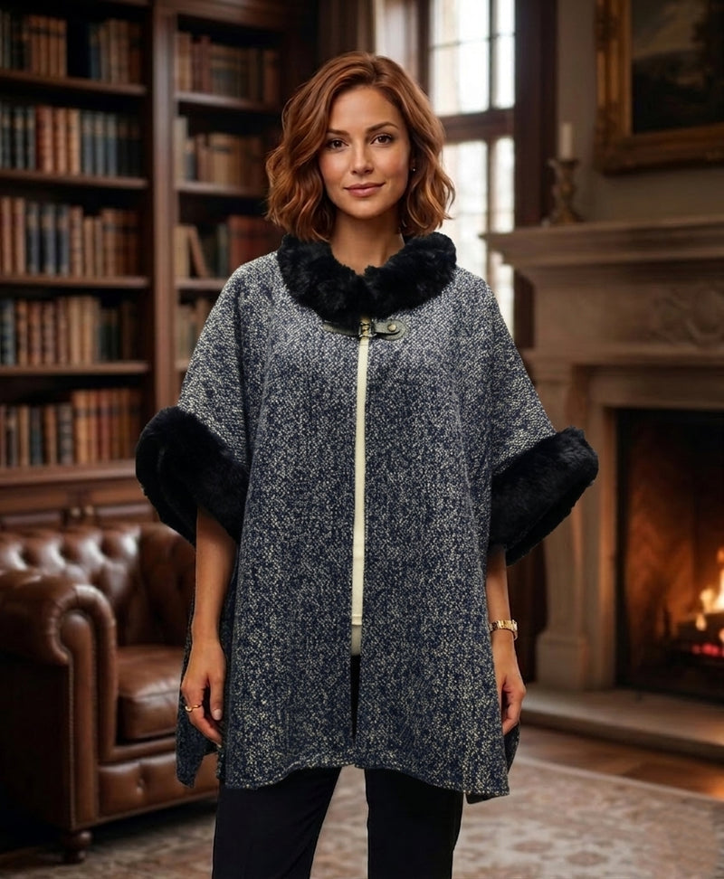 Chic Faux Fur Trim Poncho-SHW2206