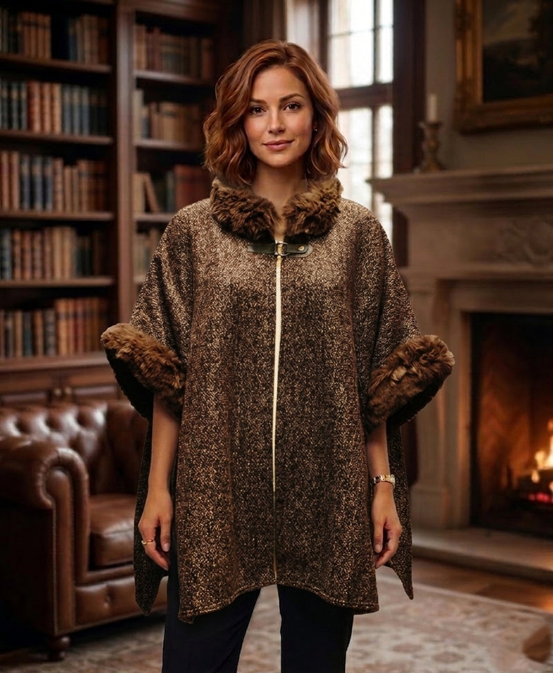 Chic Faux Fur Trim Poncho-SHW2206
