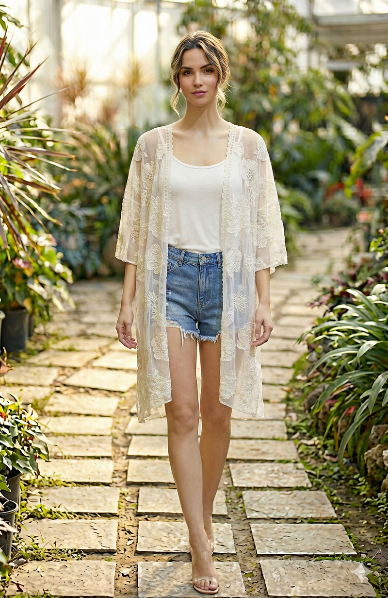 Sheer Floral Embroidered Kimono-SHW2307