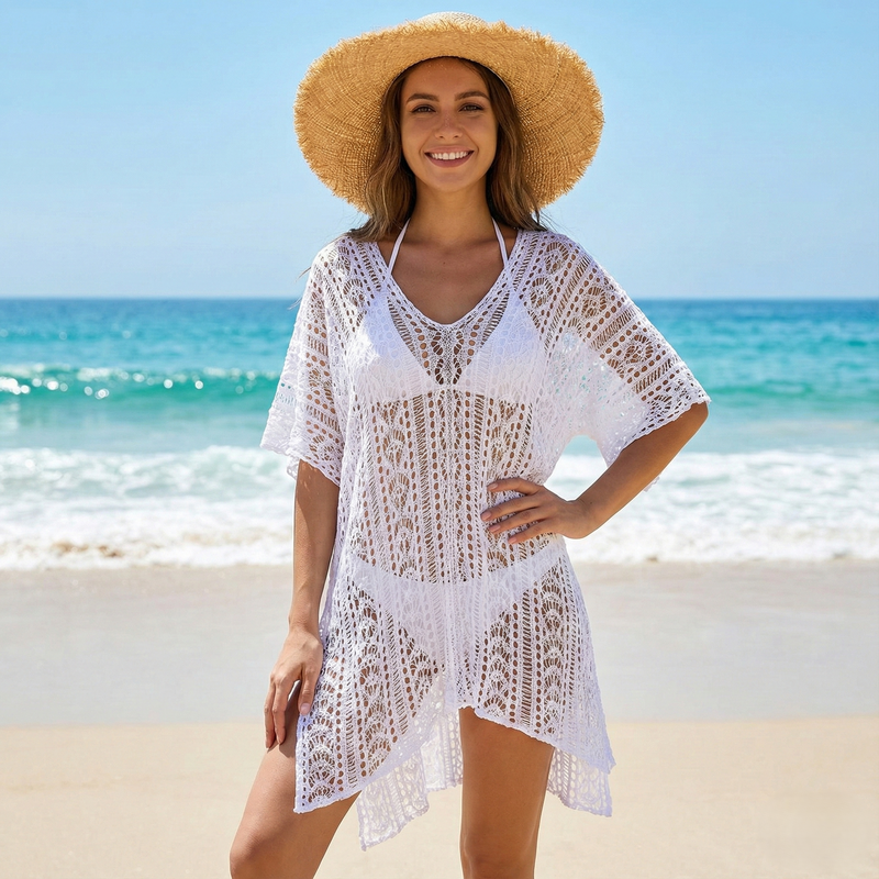 Crochet V-Neck Beach Cover-SHW2415