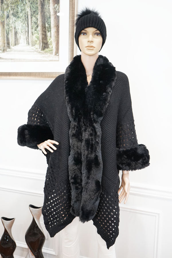 Knit Cape with Faux Fur-SHW2424