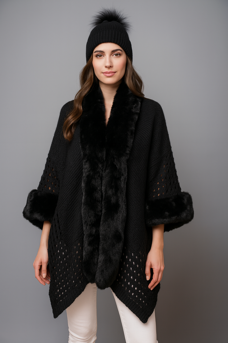 Knit Cape with Faux Fur-SHW2424
