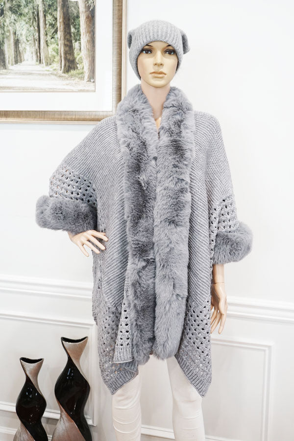 Knit Cape with Faux Fur-SHW2424