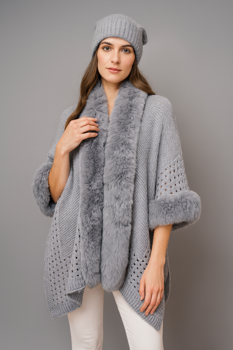 Knit Cape with Faux Fur-SHW2424