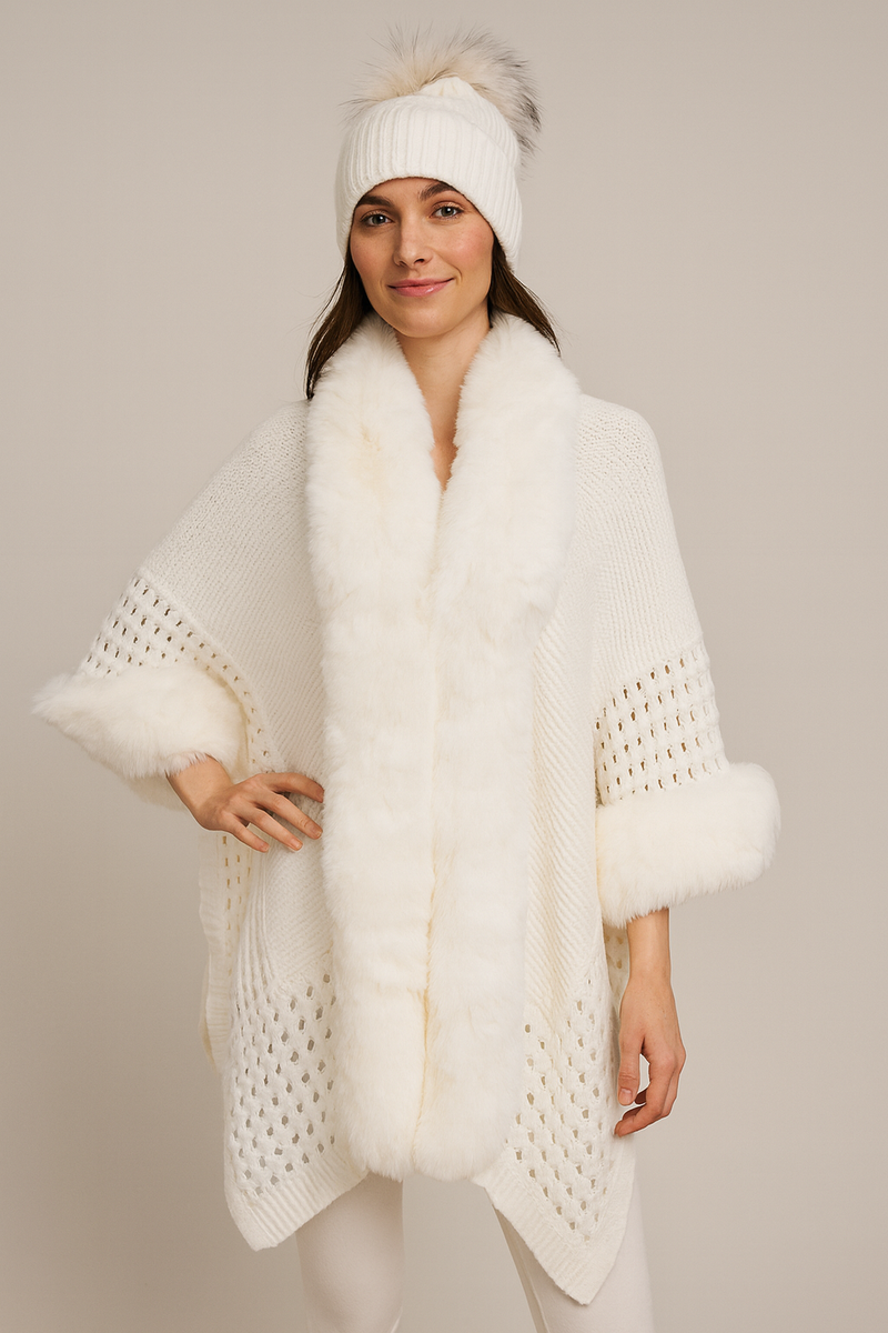Knit Cape with Faux Fur-SHW2424