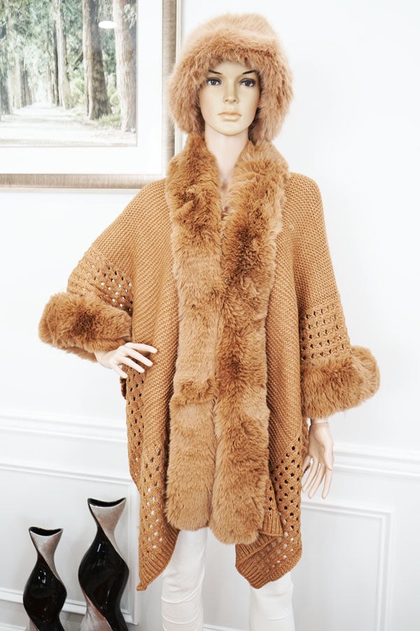 Knit Cape with Faux Fur-SHW2424