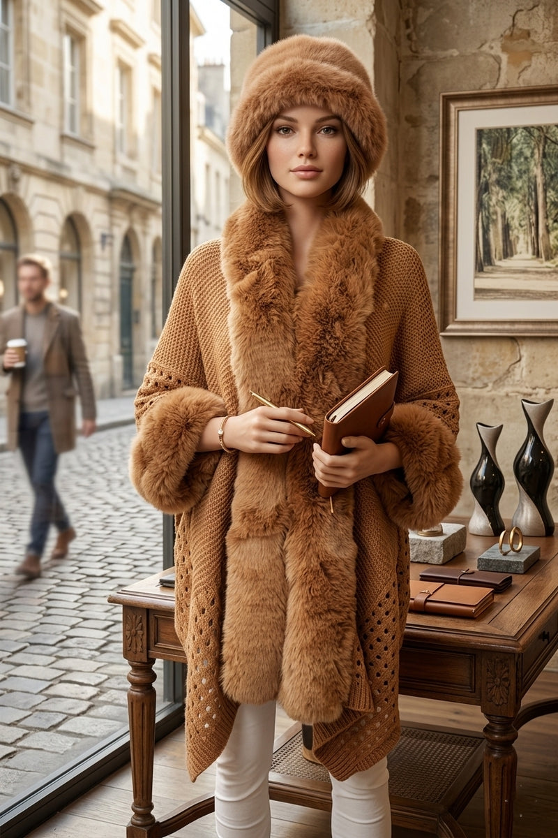 Knit Cape with Faux Fur-SHW2424