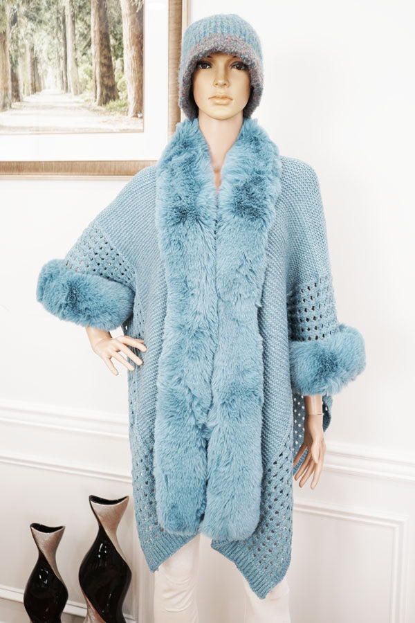 Knit Cape with Faux Fur-SHW2424