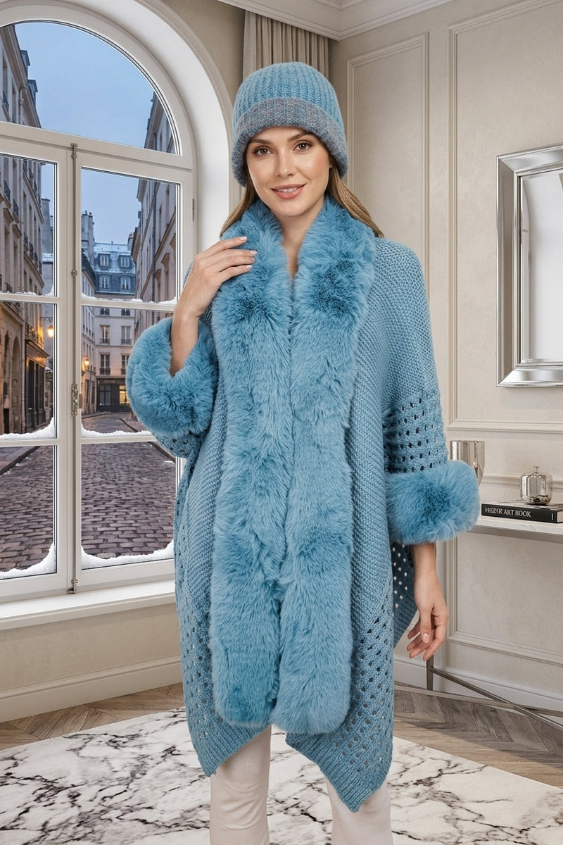 Knit Cape with Faux Fur-SHW2424