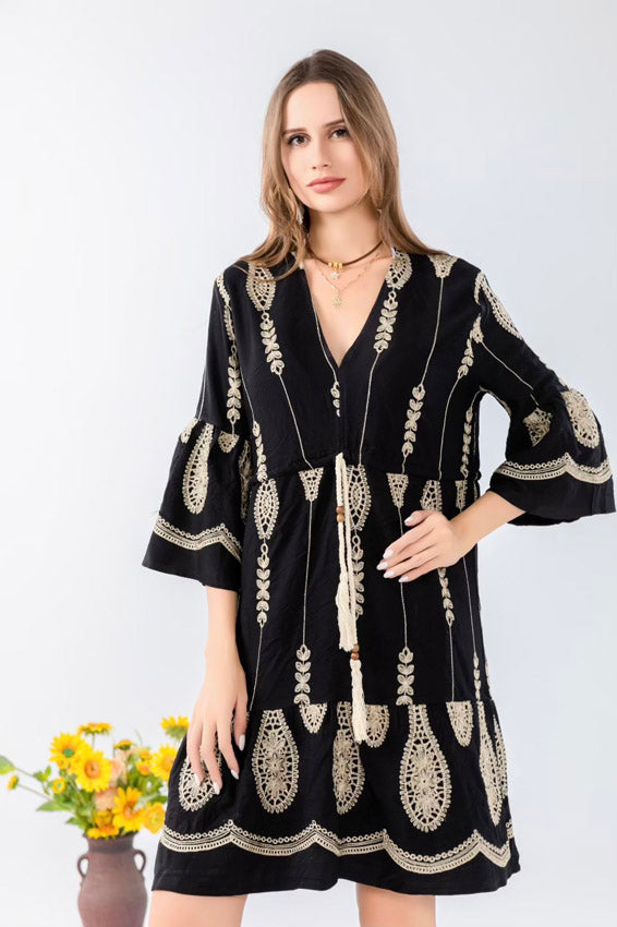 Bohemian Embroidered Bell Sleeve Dress-SHW2501