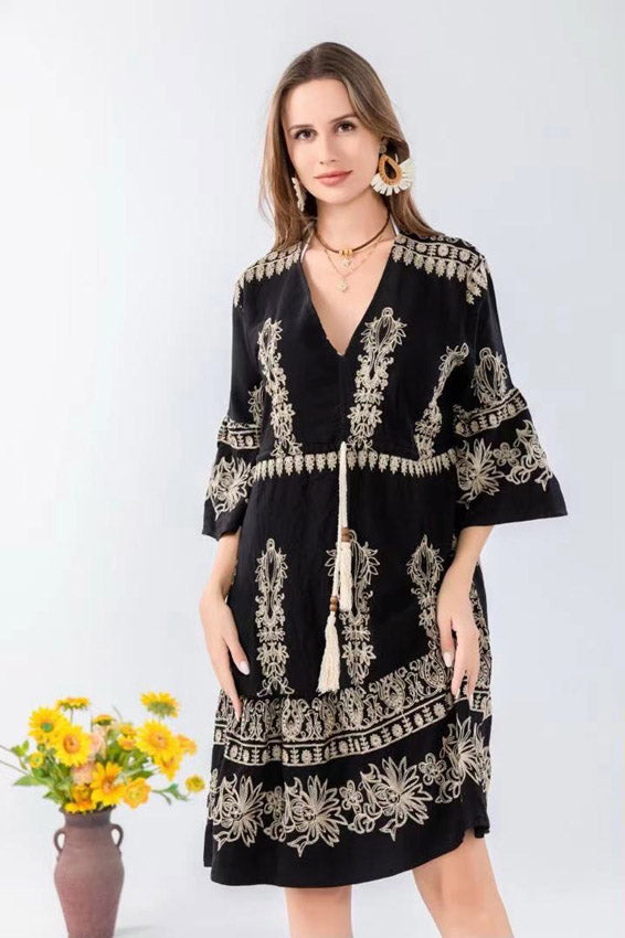 Floral Embroidered Bohemian Mini Dress-SHW2502