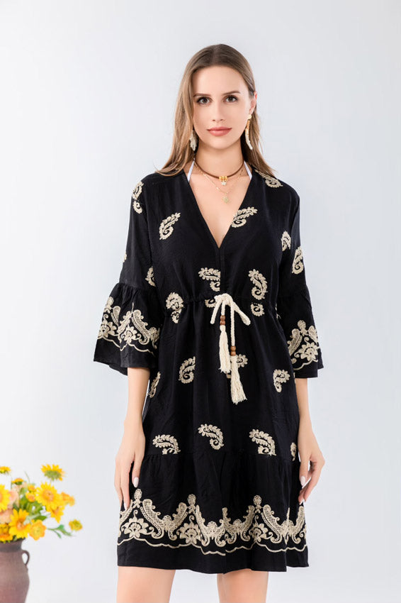 Paisley Embroidered Boho Mini Dress-SHW2503