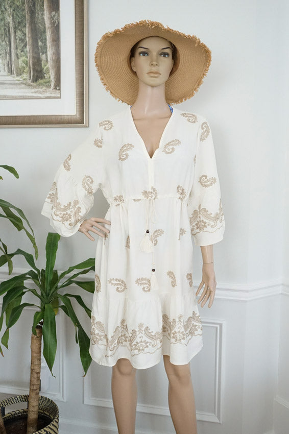 Paisley Embroidered Boho Mini Dress-SHW2503