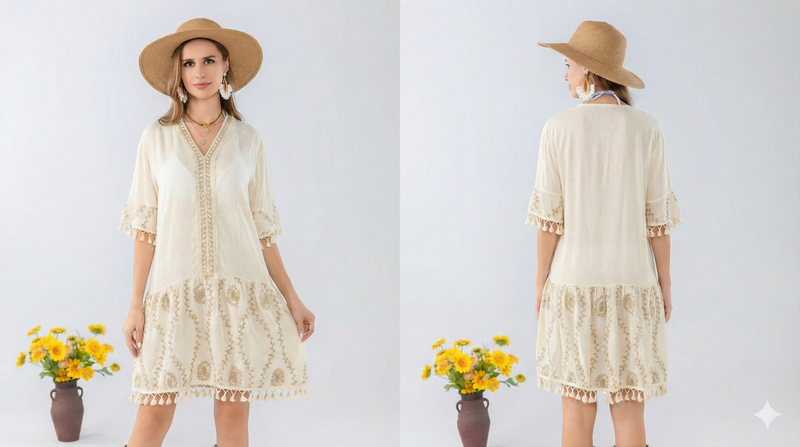 Fringed Boho Embroidered Dress-SHW2515