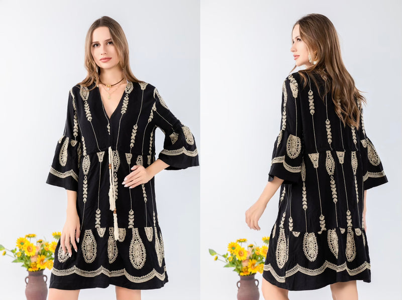 Bohemian Embroidered Bell Sleeve Dress-SHW2501