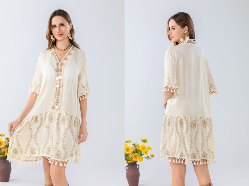 Fringed Boho Embroidered Dress-SHW2515